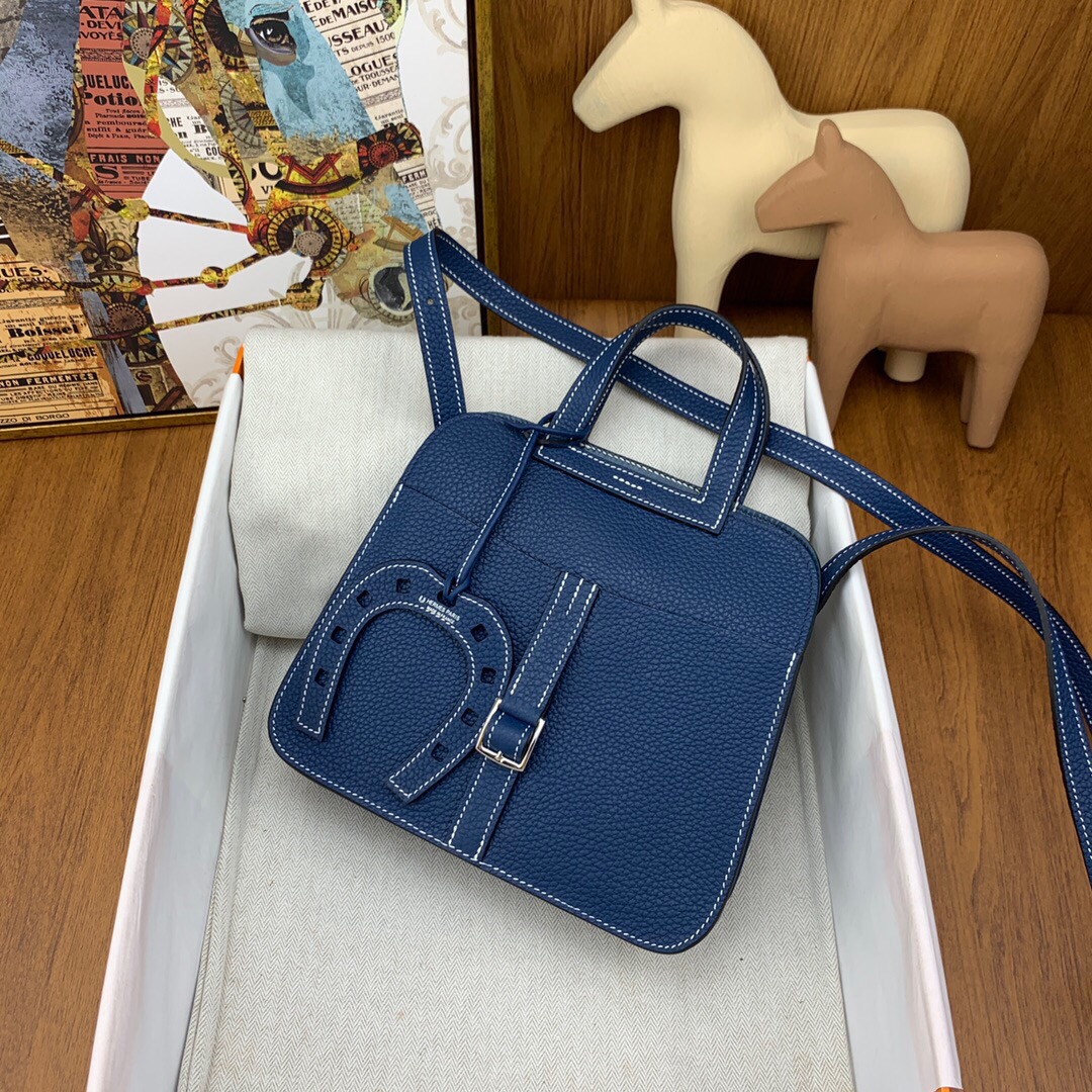 Hermes Mini Halzan 22 Handbag Shoulder Bag In Blue Jean Clemence Leather